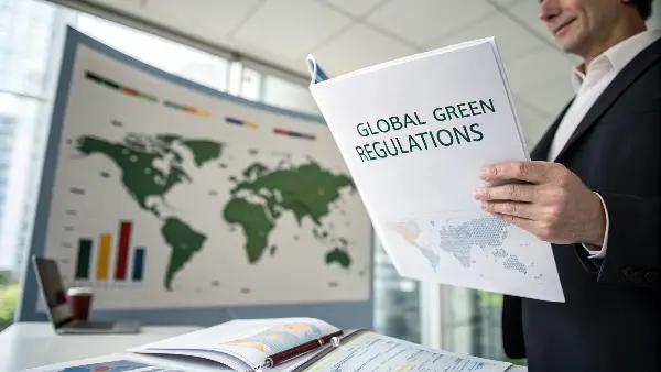 Global Environmental Compliance for Importers An importer reviewing compliance documents for eco-friendly packaging