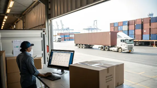 Eco-Friendly Logistics Solutions A cargo ship on the ocean with text overlay showing carbon emission data.