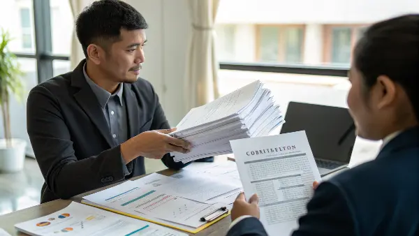 Verifying Supplier Sustainability Claims A magnifying glass hovering over a supplier's certificate to verify its authenticity