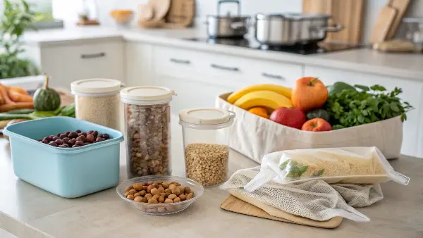 Bulk Bin Shopping Glass jars filled with grains and nuts from a bulk food store.