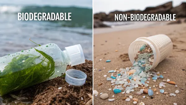 Biodegradable vs. Non-Biodegradable Breakdown Diagram showing plastic breaking into microplastics vs. biodegradable material turning into compost