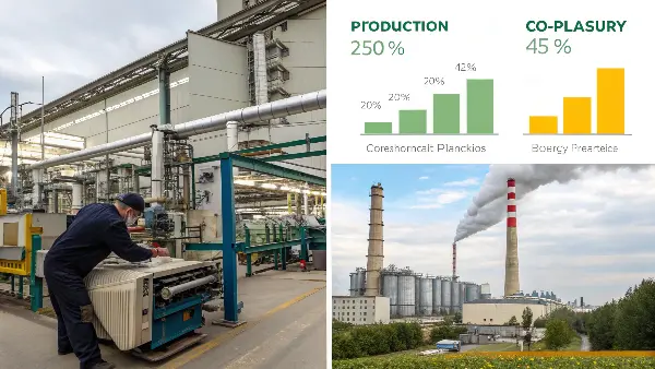 A clean, modern factory infographic showing lower energy consumption for PLA production