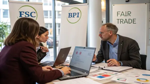 Vetting Sustainable Suppliers A person inspecting eco-friendly product samples in a factory.