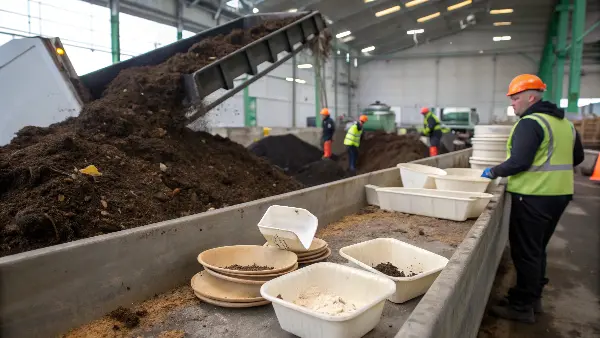 Compost pile with biodegradable tableware breaking down into rich soil