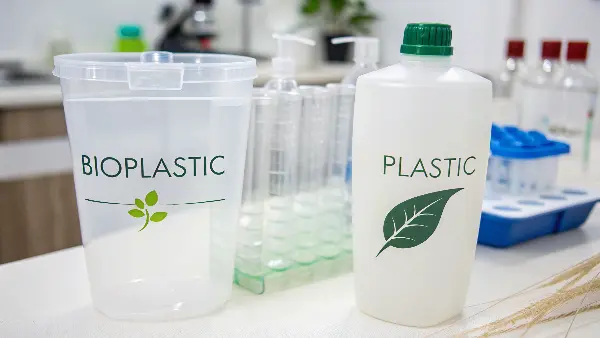 The Safety of Bioplastics for Families A family eating a meal with compostable plates and cutlery, looking happy and healthy