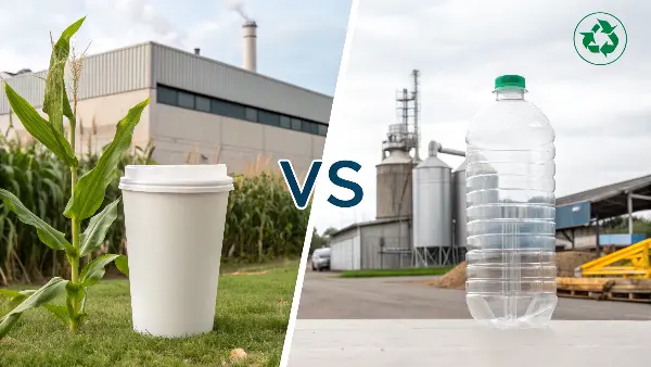 A PLA bottle next to a traditional PET plastic bottle on a background of green leaves