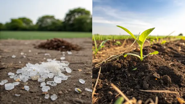Microplastics vs. Biodegradable Alternatives A pile of microplastics next to a compostable cup breaking down into soil