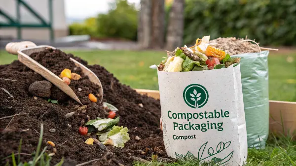 A display of various compostable food containers and cutlery
