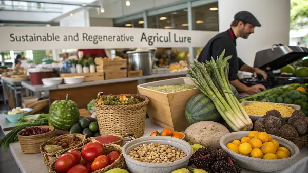 Farmers market stall filled with fresh, seasonal produce