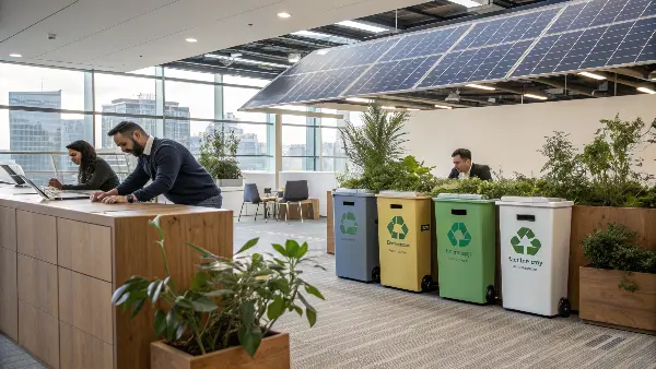 Restaurant owner showing a staff member the new compost and recycling bins