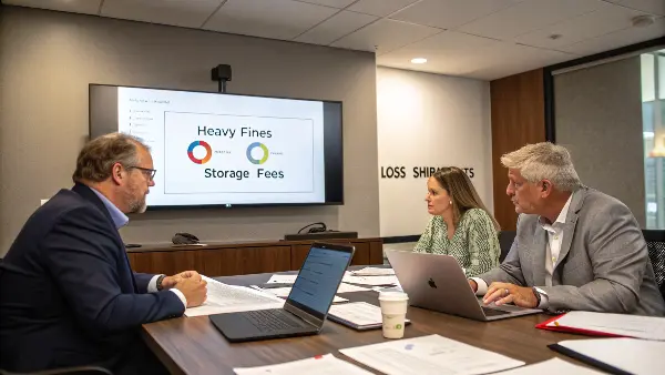 The High Cost of Non-Compliance A customs inspector placing a "rejected" stamp on a shipping container manifest