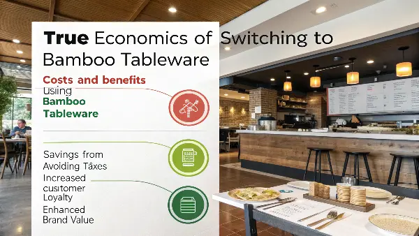 A stack of bamboo plates and cutlery next to a calculator, representing the economics of switching.