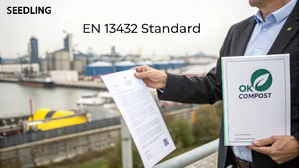 EN 13432 Seedling Logo Packaging with the European Seedling logo, indicating EN 13432 compliance