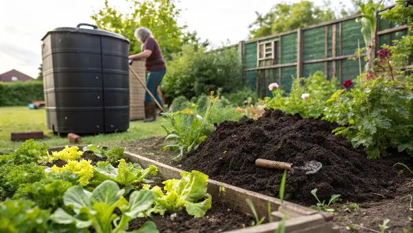 Rich, dark compost being spread on agricultural land, improving soil health