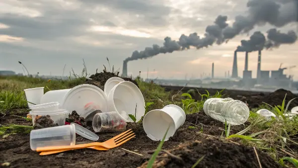 Plastic waste accumulating in a landfill, showing soil contamination