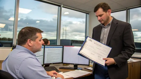 Supplier Partnership in Compliance A business owner and a supplier representative shaking hands over a table of organized compliance documents