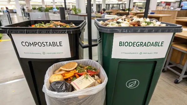 Compostable vs. Biodegradable Side-by-side comparison of a compostable cup turning to soil and a biodegradable plastic bag in a landfill