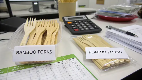 Side-by-side comparison of a plastic fork and a bamboo fork with price tags.