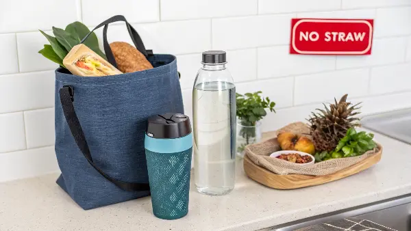 Reusable Daily Essentials A collection of reusable items: canvas bag, stainless steel water bottle, and bamboo utensils.