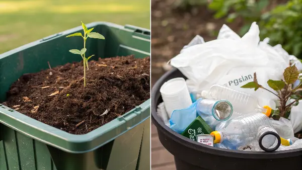 Recycling vs. Composting for Plastics A recycling symbol next to a compost symbol with an arrow pointing to the compost symbol
