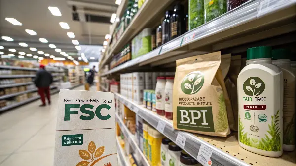 Key Eco-Labels for Packaging A close-up of FSC, BPI, and Fair Trade logos on various products