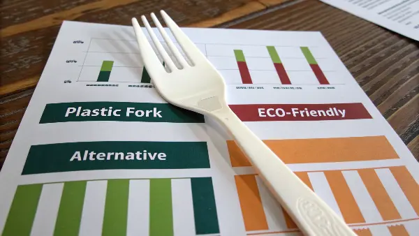 A scale balancing a pile of plastic forks against a single, more expensive but reusable alternative representing long-term value
