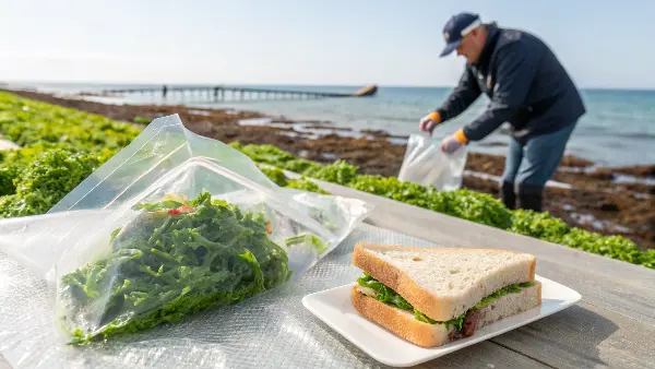 A transparent, flexible sachet made from seaweed packaging