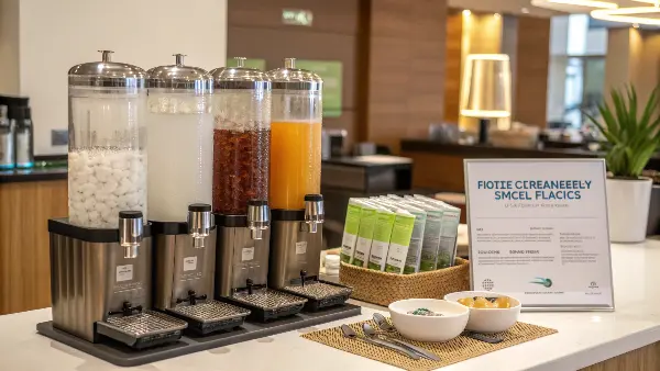 A hotel bathroom with elegant, wall-mounted bulk dispensers for soap and shampoo
