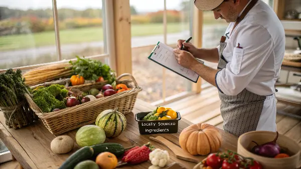 A vibrant spread of fresh, locally sourced vegetables and fruits on a rustic wooden table.