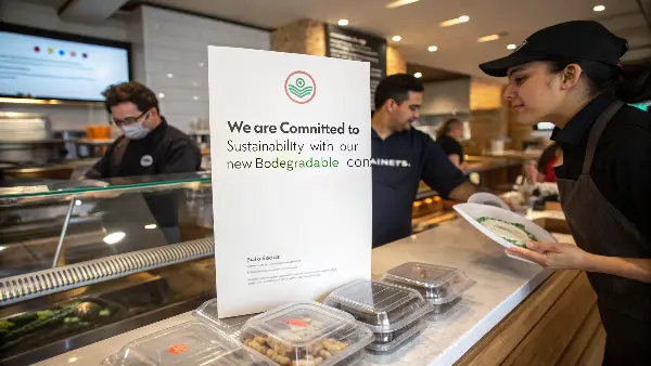 A social media post on a phone screen showing a restaurant's new eco-friendly packaging