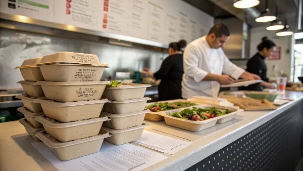 A variety of biodegradable takeout containers on a clean background