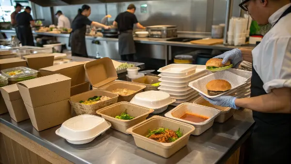 A chef carefully placing different menu items into suitable biodegradable containers