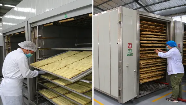 Vacuum-sealed packages of dried bamboo shoots in a clean warehouse