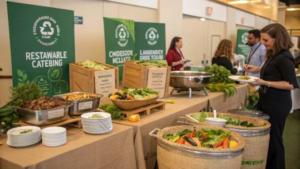 A beautifully set table at an outdoor event featuring compostable plates and wooden cutlery.