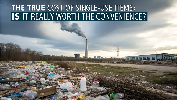 An overflowing landfill with single-use plastic items visible