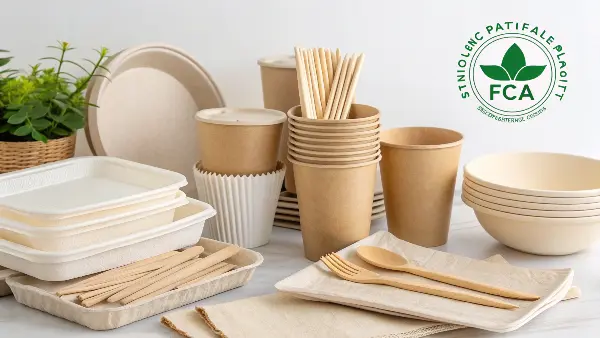 An assortment of eco-friendly tableware including bagasse plates, PLA cups, and wooden cutlery.