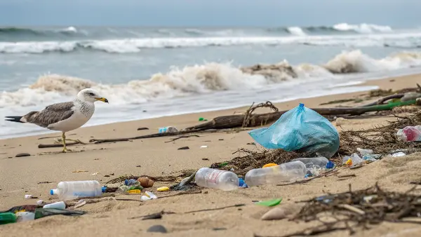 A sea turtle entangled in plastic waste