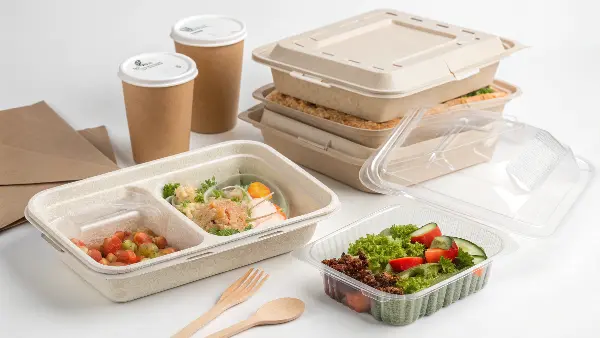 Close-up shots showing the textures of bagasse, PLA, and kraft paper containers