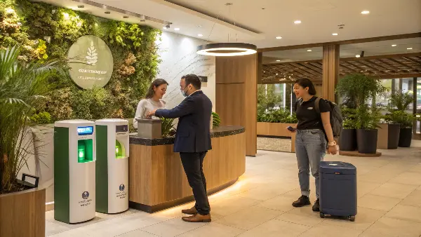 A modern hotel lobby with green plants and natural lighting, symbolizing sustainability