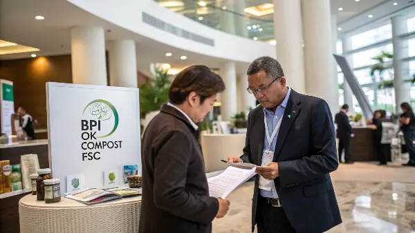 A warehouse with neatly stacked boxes of certified compostable products