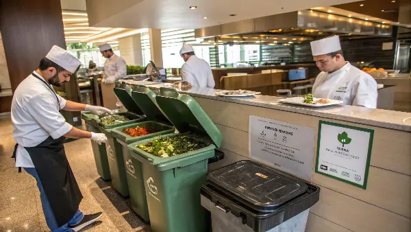 A beautifully arranged buffet with signs indicating locally sourced ingredients