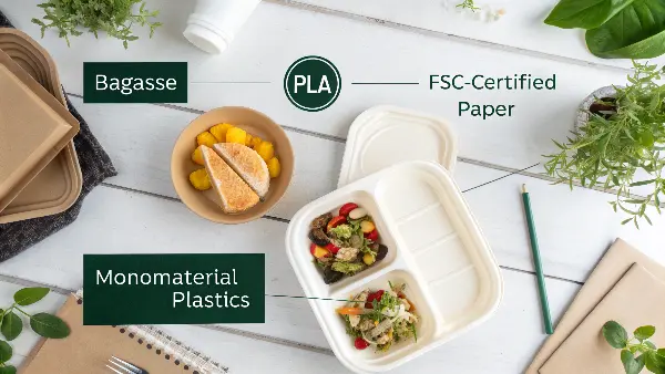 Sustainable Packaging Materials for a Circular Economy A collection of eco-friendly packaging materials like bagasse containers, PLA cups, and kraft paper bags.