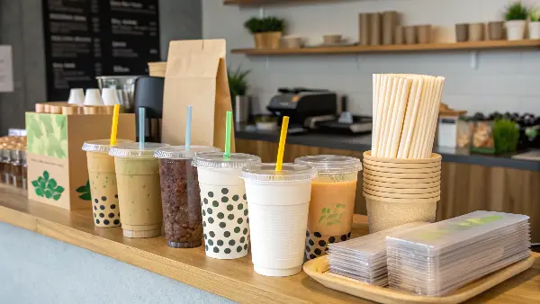 Sustainable Bubble Tea Packaging Solutions A collection of eco-friendly bubble tea packaging items like PLA cups, paper straws, and pulp carriers.