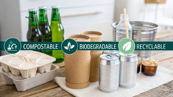 A collection of compostable, biodegradable, and recyclable beverage containers