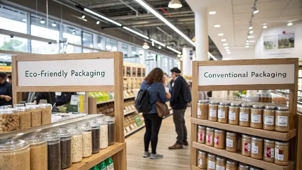 Customer choosing sustainable packaging A customer in a store choosing a product in kraft paper packaging over an identical one in plastic packaging.