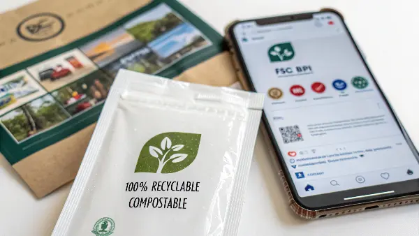 A close-up of a beverage package showing sustainability icons and certifications