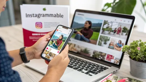 person scrolling through a social media feed with engaging brand content