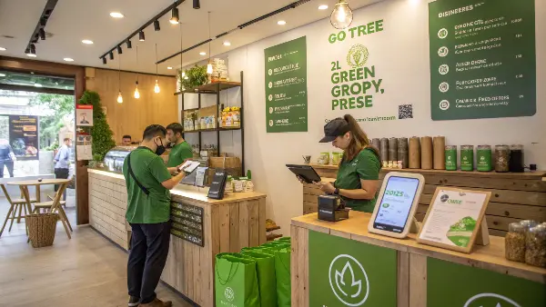 Eco-Friendly Beverage Shop Branding A modern beverage shop with green branding and eco-friendly packaging on display.