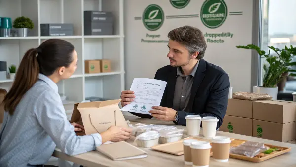 Choosing a Reliable Eco-Packaging Supplier A business owner reviewing certifications and product samples with a supplier on a laptop.