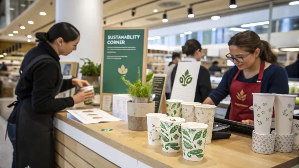 In-Store Sustainability Communication In-store signage explaining the compostable nature of the cups and straws next to the counter.